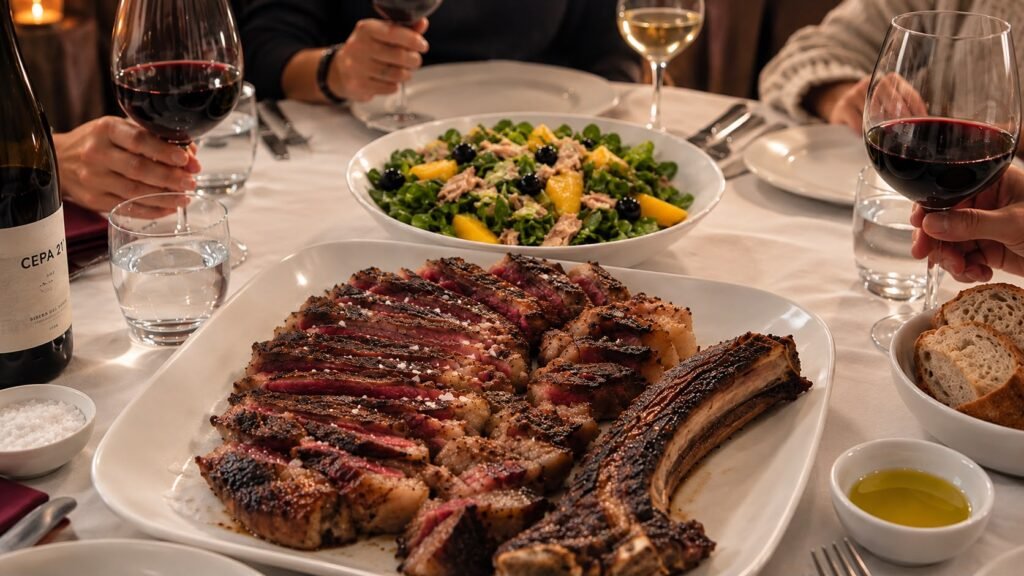 Sharing steak at Tamba Restaurant in La Pola de Gordón